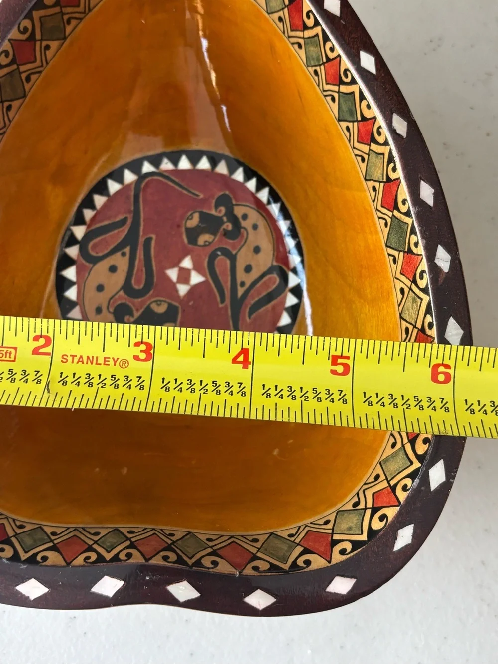 Hand Carved Wooden Bowl Mother of Pearl Inlay Animal Motif Tribal South Africa?